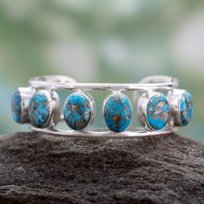Sterling silver cuff bracelet, 'Serene Beauty' - Sterling Silver Cuff Bracelet with Composite Turquoise Studs