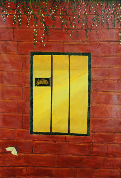'Pared de ladrillos': pintura en técnica mixta de la puerta de una casa