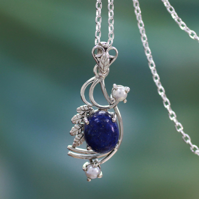 Cultured pearls and lapis lazuli pendant necklace, 'Mughal Romance' - Cultured pearls and lapis lazuli pendant necklace