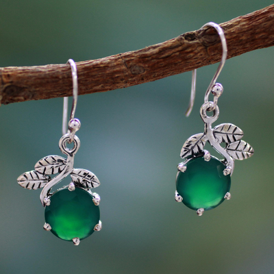 Sterling silver dangle earrings, 'Forbidden Fruit' - Green Onyx Earrings in Sterling Silver Jewelry from India