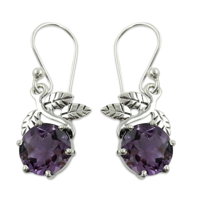 Amethyst dangle earrings, 'Forbidden Fruit' - Artisan Crafted Sterling Silver Amethyst Floral Earrings