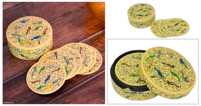 Papier mache coasters, 'Yellow Srinagar Birds' (set of 6) - Papier mache coasters (Set of 6)