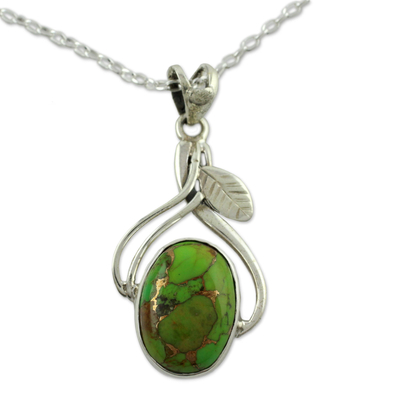 Sterling silver pendant necklace, 'Green Dew' - Fair Trade Sterling Silver Necklace with Composite Turquoise