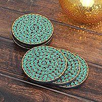 Bejeweled coasters, 'Aqua Glitz' (set of 6) - Bejeweled coasters (Set of 6)