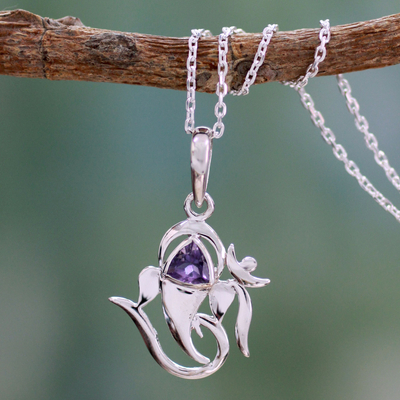 Amethyst pendant necklace, 'Mystical Ganesha' - Sterling Silver and Amethyst Necklace Hindu Jewelry