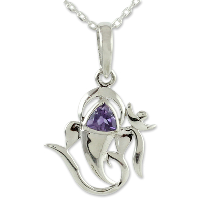 Amethyst pendant necklace, 'Mystical Ganesha' - Sterling Silver and Amethyst Necklace Hindu Jewelry