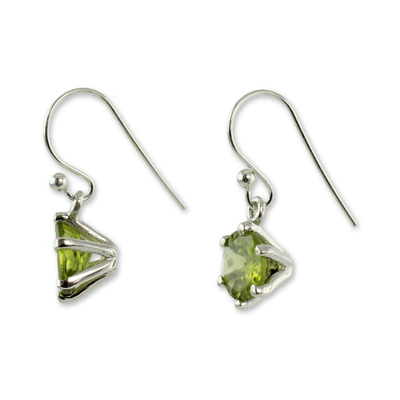 Peridot dangle earrings, 'Lime Solitaire' - Handcrafted Sterling Silver and Peridot Earrings