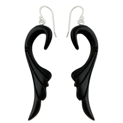 Ebony dangle earrings, 'Graceful Leaves' - Ebony Wood Earrings Carved by Hand