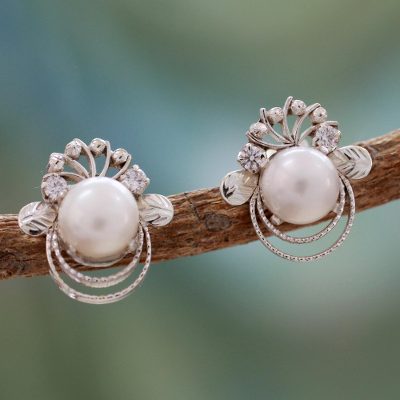 Cultured pearl button earrings, 'Grand Romance' - Cultured pearl button earrings