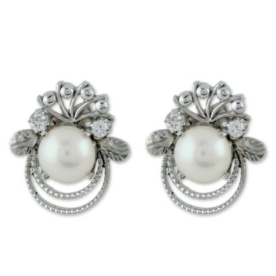 Cultured pearl button earrings, 'Grand Romance' - Cultured pearl button earrings