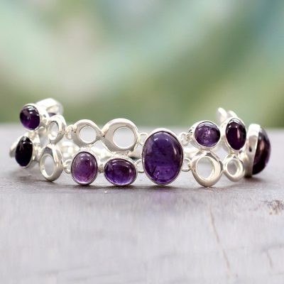 Amethyst link bracelet, 'Bubbling Light' - Women's Amethyst Link Bracelet 925 Sterling Silver