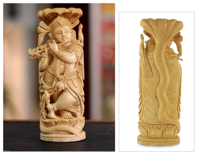 Wood sculpture, 'Krishna and Nag' - Wood sculpture