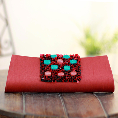 Beaded clutch handbag, 'Red Radiance' - Beaded clutch handbag