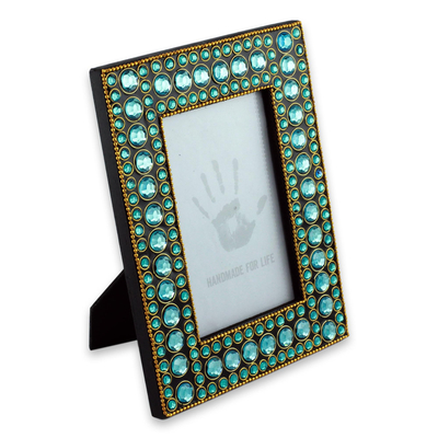 Bejeweled photo frame, 'Aqua Glitz' (4x6) - Dazzling Aqua Photo Frame from India (4x6)