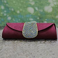 Beaded clutch handbag, 'Burgundy Starlight' - Embellished Clutch Evening Bag in Burgundy from India
