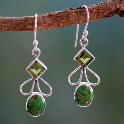 Peridot dangle earrings, 'Bollywood Green' - Peridot Comp Turquoise and Silver Artisan Crafted Earrings