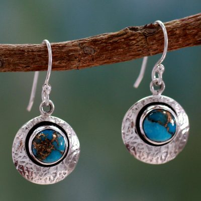 Sterling silver dangle earrings, 'Friendship Moons' - Sterling Silver and Comp Turquoise Artisan Crafted Earrings