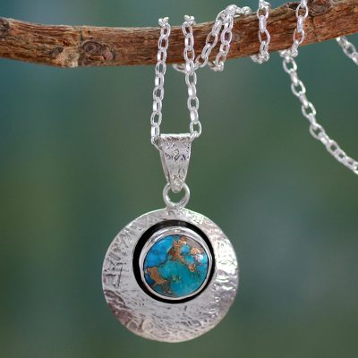 Sterling silver pendant necklace, 'Friendship Moon' - Sterling Silver and Comp Turquoise Artisan Crafted Necklace