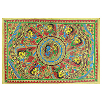 Pintura Madhubani, 'La serenata de Krishna' - Hinduismo tradicional Pintura de arte popular Madhubani