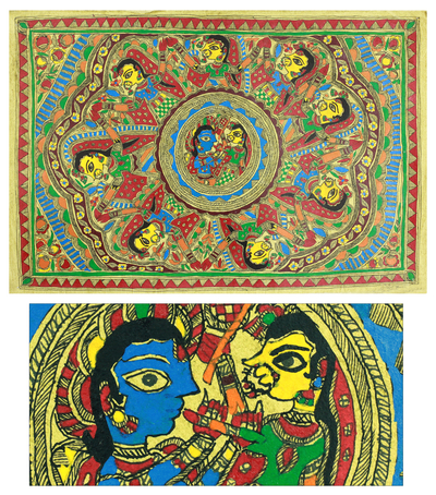 Madhubani painting, 'Krishna's Serenade' - Traditional Hinduism Madhubani Folk Art Painting