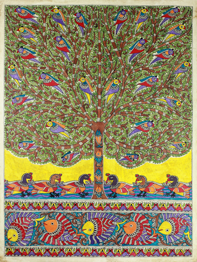 Madhubani painting, 'One with Nature I' - Traditional Madhubani Folk Art Painting