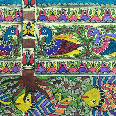 Madhubani painting, 'One with Nature II' - Indian Tree of Life Traditional Painting on Handmade Paper