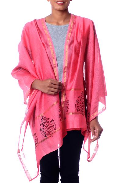 Cotton and silk shawl, 'Honeysuckle Splendor' - Peach Silk and Cotton India Block Print Shawl