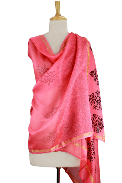 Schal aus Baumwolle und Seide - Schal aus pfirsichfarbener Seide und Baumwolle mit Blockdruck aus Indien