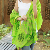 Cotton and silk shawl, 'Lime Garden' - Black Silk and Cotton Block Print Shawl