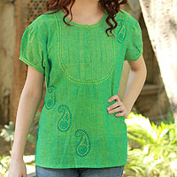 Hand Crafted Women's Paisley Cotton Embroidered Blouse Top,'Feminine Lime'