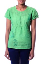 Cotton blouse, 'Feminine Lime' - Hand Crafted Women's Paisley Cotton Embroidered Blouse Top