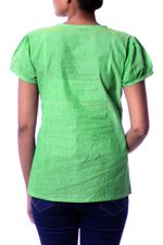 Cotton blouse, 'Feminine Lime' - Hand Crafted Women's Paisley Cotton Embroidered Blouse Top