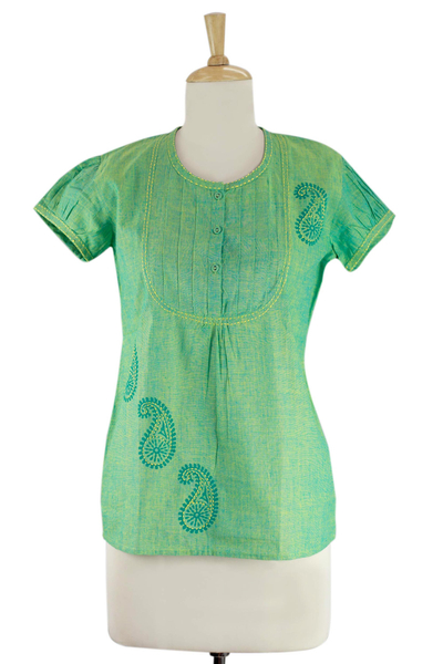 Cotton blouse, 'Feminine Lime' - Hand Crafted Women's Paisley Cotton Embroidered Blouse Top