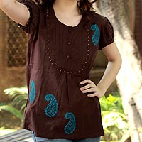 Cotton blouse, 'Chocolate Paisley' - Hand Crafted Brow Cotton Paisley Cotton Blouse