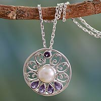 Cultured pearl and amethyst necklace, 'Bihar Blossom'