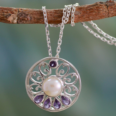 Collar de perlas cultivadas y amatistas - Collar artesanal de perlas y amatistas