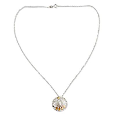 Cultured pearl and citrine necklace, 'Bihar Blossom' - Handcrafted Pearl and Citrine Necklace