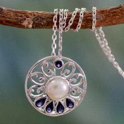 Cultured pearl and Iolite necklace, 'Bihar Blossom' - Hand Made Pearl and Iolite Necklace