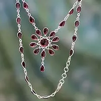 Garnet Y necklace, 'Crimson Allure' - Garnet Floral Y Necklace from India