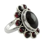 Garnet cocktail ring, 'Scarlet Petals' - Floral Jewelry Sterling Silver and Garnet Ring