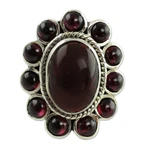 Garnet cocktail ring, 'Scarlet Petals' - Floral Jewelry Sterling Silver and Garnet Ring