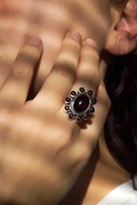 Garnet cocktail ring, 'Scarlet Petals' - Floral Jewelry Sterling Silver and Garnet Ring