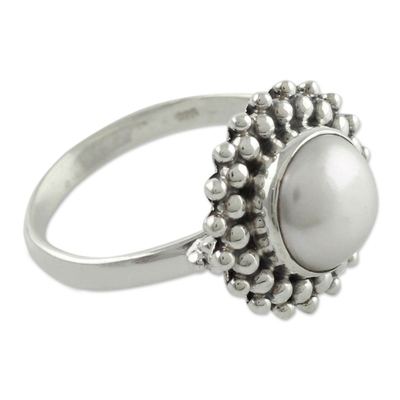 Cultured pearl cocktail ring, 'Kolkata Halo' - Artisan Crafted Sterling Silver Pearl Ring