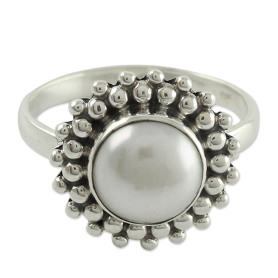 Cultured pearl cocktail ring, 'Kolkata Halo' - Artisan Crafted Sterling Silver Pearl Ring
