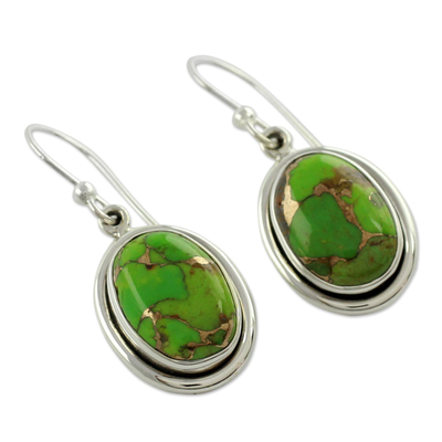 Sterling silver dangle earrings, 'Rajasthan Secret' - India Jewellery Silver and Green Comp Turquoise Earrings