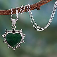Sterling silver heart necklace, 'Star Heart' - Sterling Silver and Green Agate Artisan Crafted Necklace