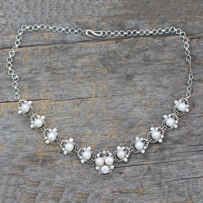Cultured pearl pendant necklace, 'Grand Romance' - Cultured Pearl and Silver Pendant Necklace with CZ