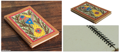 Madhubani journal, 'Bihar Songbird' - Handmade Madhubani Painting Journal