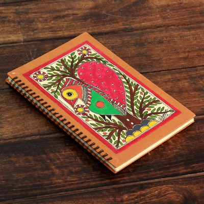 Madhubani journal, 'Bihar Lovebird' - Handmade Madhubani Painting Journal