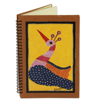 Zeitschrift, „Yellow Gond Peacock“ (Gelber Gondel-Pfau) – handgefertigtes Journal mit gelbem Pfau und Stammeskunst in Indien